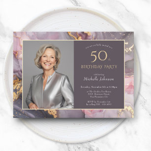 Invitation Elégant Pink Gold Photo 50e anniversaire