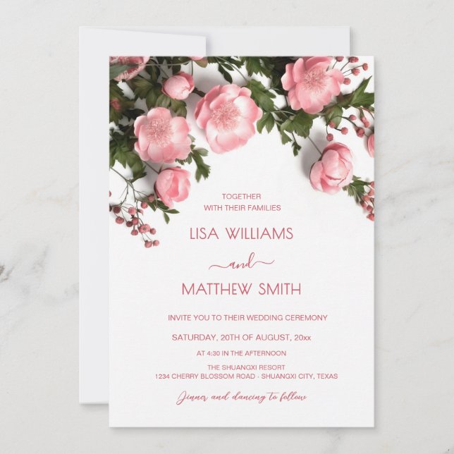 Invitation Elegant Pink Greenery 3D Roses Wedding (Devant)