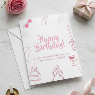 Invitation Elegant Pink Happy Birthday Sketch Card