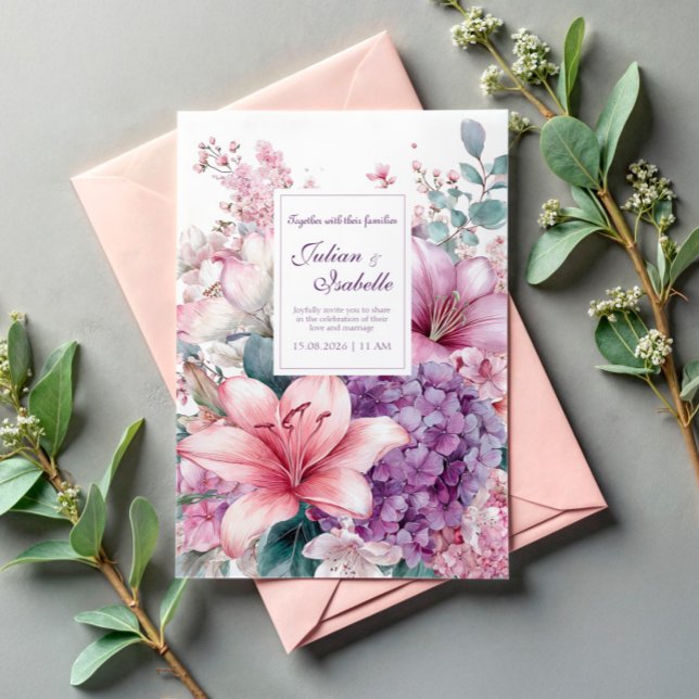 Invitation Elegant Pink Lily Purple Hydrangea Lilac (Créateur téléchargé)