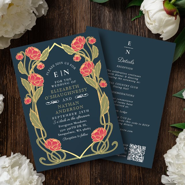 Invitation Elegant Pink Peony Art Nouveau QR Code Wedding (Créateur téléchargé)