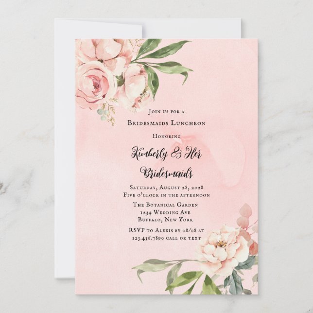Invitation Élégant Pink Peony Wreath Bridesmaids Déjeuner (Devant)