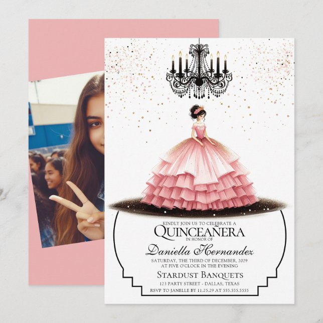 Invitation Elegant Pink Quinceañera (Devant / Derrière)