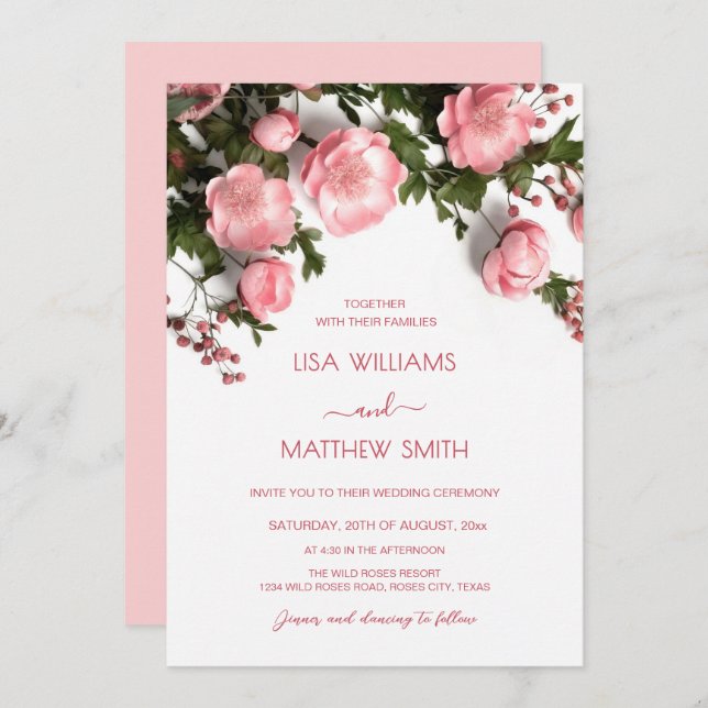 Invitation Elegant Pink White 3D Roses Wedding (Devant / Derrière)