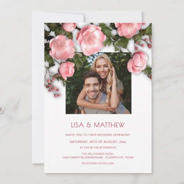 Invitation Elegant Pink White 3D Roses Wedding (Devant)