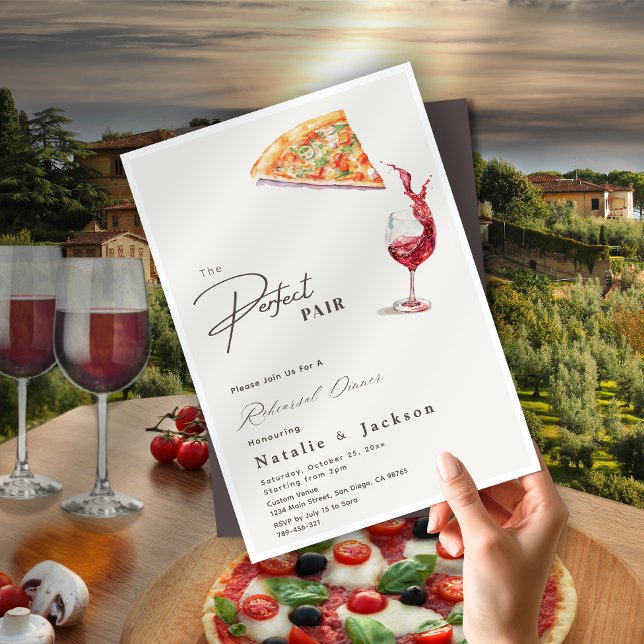 Invitation Elégant Pizza & Vin Repas de Pair Parfait (Elegant Pizza & Wine Perfect Pair Rehearsal Dinner Invitation)