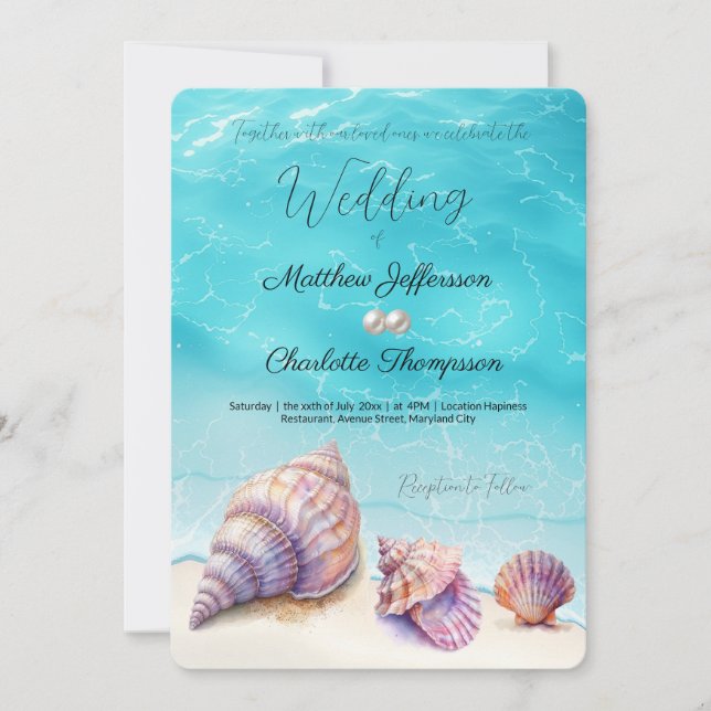 Invitation Elégant Plage Mariage Coquillages Perles Nautiques (Devant)