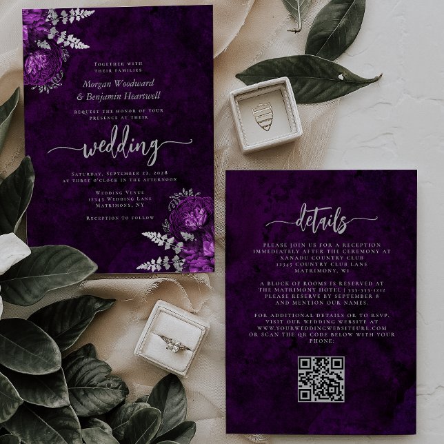 Invitation Élégant Plum Argent Floral QR Code Mariage (Créateur téléchargé)