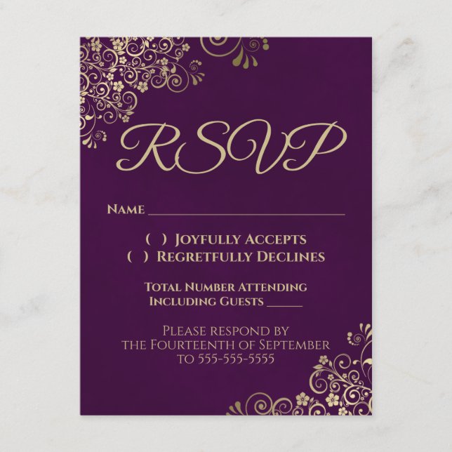 Invitation Elégant Plum Purple & Gold Wedding RSVP par téléph (Devant)