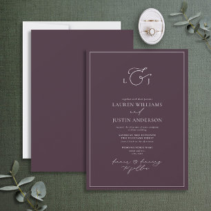 Invitation Élégant Plum violet Calligraphie Monogramme Mariag