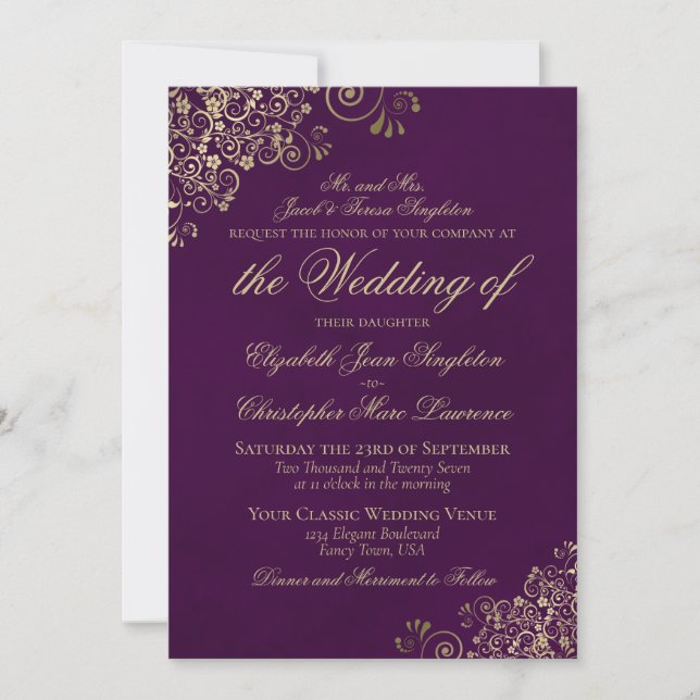 Invitation Élégant Plum violet & or Mariage officiel (Devant)