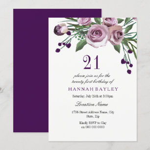 Invitation Élégant Plum violet Rose 21e anniversaire Invitati