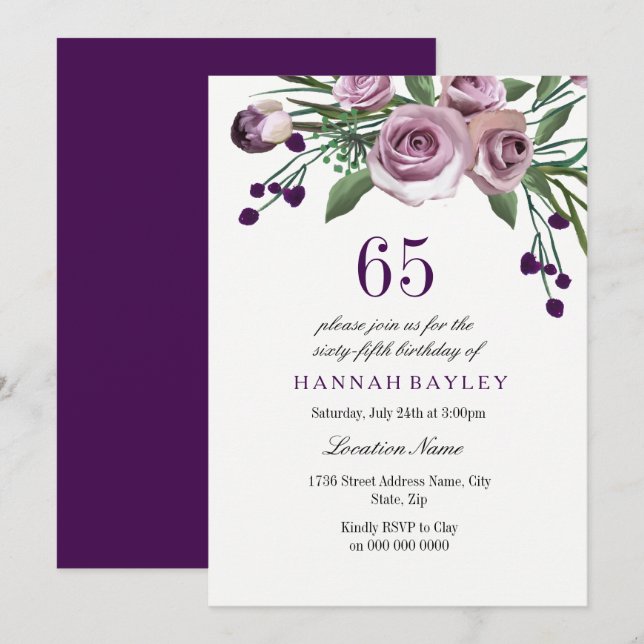 Invitation Élégant Plum violet Rose 65e anniversaire Invitati (Devant / Derrière)