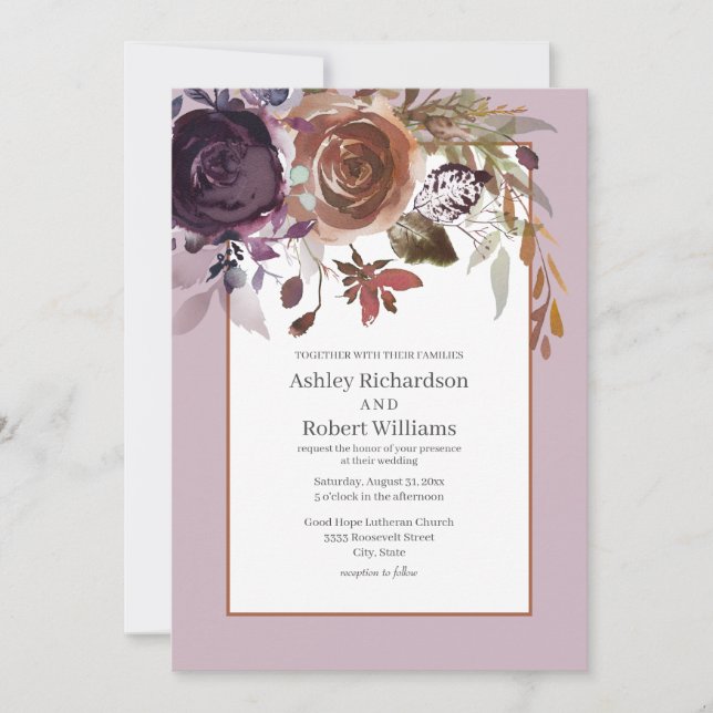 Invitation Élégant Plum violet rose or Mariage Floral (Devant)