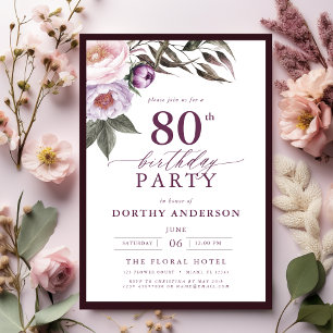 Invitation Élégant Plum violet Script floral 80e anniversaire