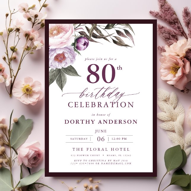 Invitation Élégant Plum violet Script floral 80e anniversaire (Créateur téléchargé)