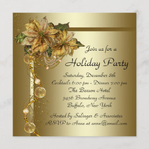 Invitation Élégant Poinsettia Or Noir Fête de Noël