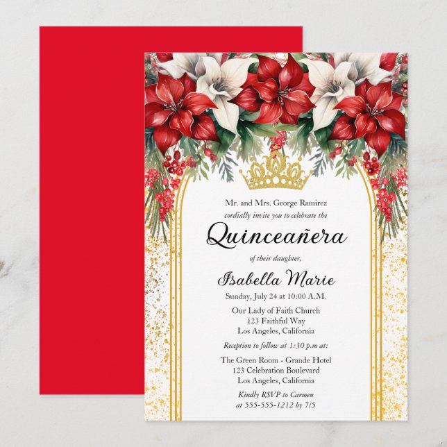 Invitation Elégant Poinsettias Floral Quinceañera (Devant / Derrière)