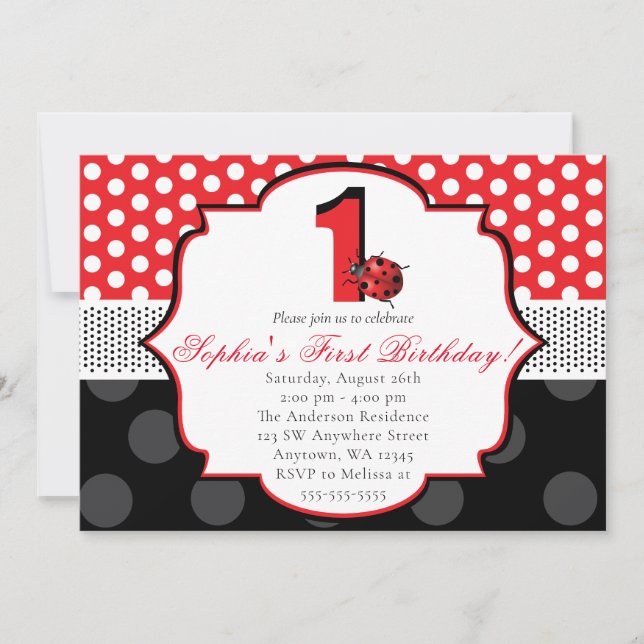Invitation Elégant pois Ladybug Polka point premier anniversa (Devant)