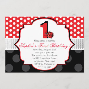 Invitation Elégant pois Ladybug Polka point premier anniversa