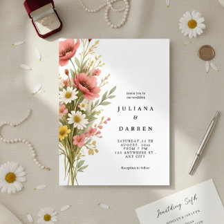 Invitation Elegant Poppy Daisy Bouquet Rustic Floral Wedding 