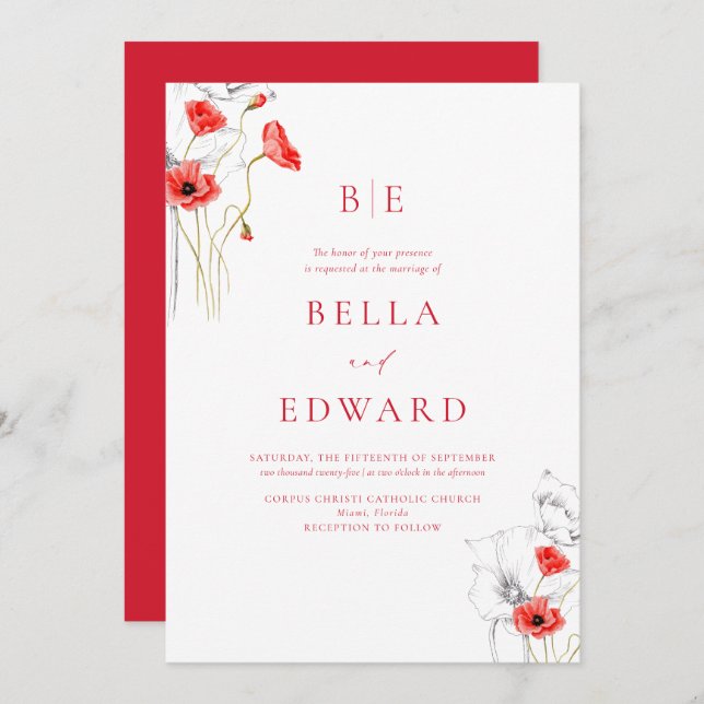 Invitation Élégant Poppy Red Monogram Floral Foral Mariage (Devant / Derrière)