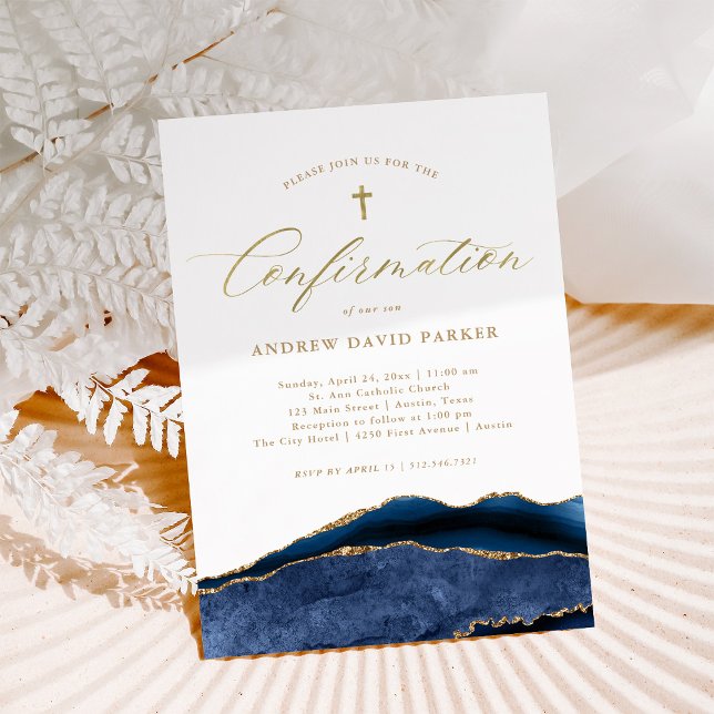 Invitation Élégant porte bleu marine | Confirmation Gold Cros (Créateur téléchargé)