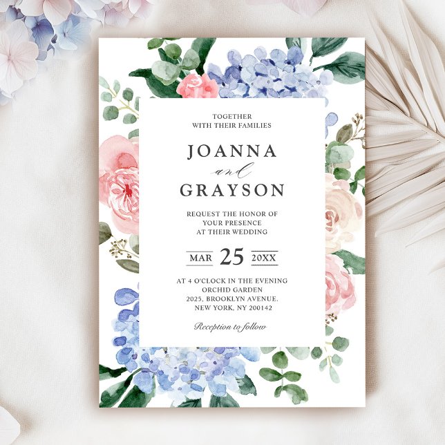 Invitation Élégant Poudre bleu rose Hydrangée Mariage formel (Dusty Blue Pastel Pink hydrangeas Wedding invitation.)