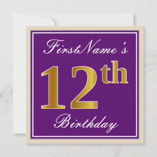 Invitation Elégant, pourpre, Faux Gold 12e anniversaire + Nom