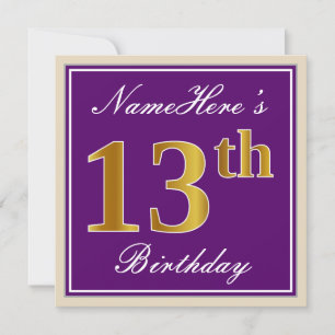 Invitation Elégant, pourpre, Faux Gold 13e anniversaire + Nom