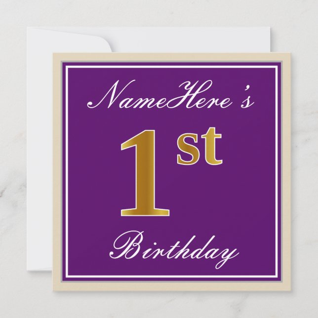 Invitation Elégant, pourpre, Faux Gold 1er anniversaire + Nom (Devant)