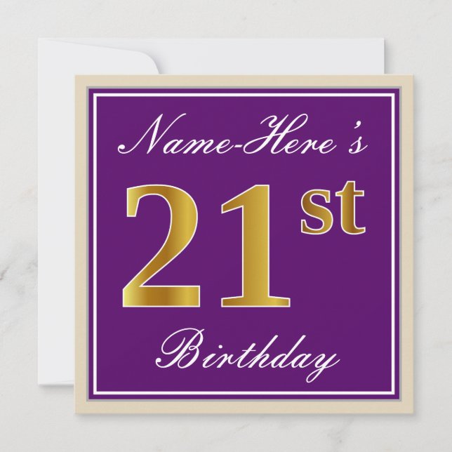 Invitation Elégant, pourpre, Faux Gold 21e anniversaire + Nom (Devant)