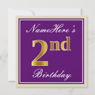Invitation Élégant, pourpre, Faux Gold 2e anniversaire + nom