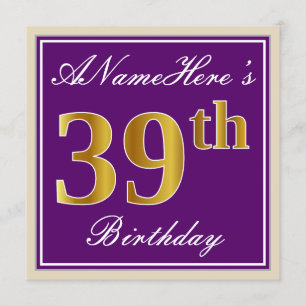 Invitation Elégant, pourpre, Faux Gold 39e anniversaire + Nom