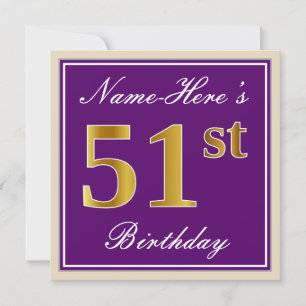 Invitation Elégant, pourpre, Faux Gold 51e anniversaire + Nom