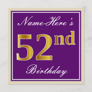 Invitation Elégant, pourpre, Faux Gold 52e anniversaire + Nom