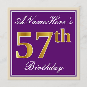 Invitation Elégant, pourpre, Faux Gold 57e anniversaire + Nom