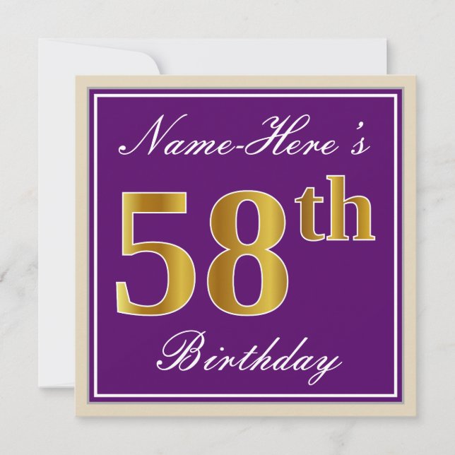 Invitation Elégant, pourpre, Faux Gold 58e anniversaire + Nom (Devant)