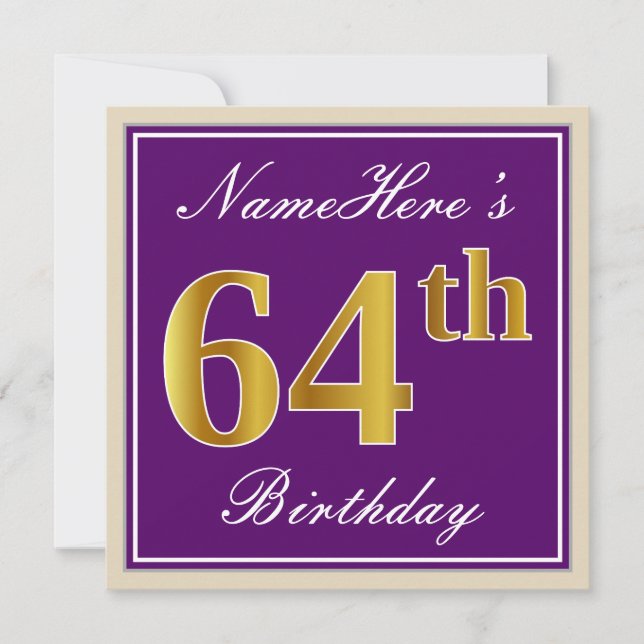 Invitation Elégant, pourpre, Faux Gold 64e anniversaire + Nom (Devant)