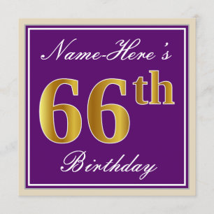 Invitation Elégant, pourpre, Faux Gold 66e anniversaire + Nom