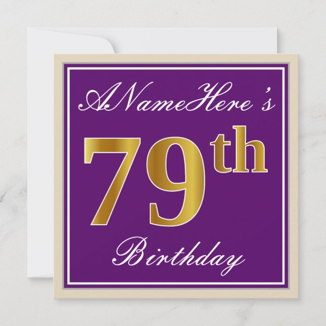 Invitation Elégant, pourpre, Faux Gold 79e anniversaire + Nom (Devant)