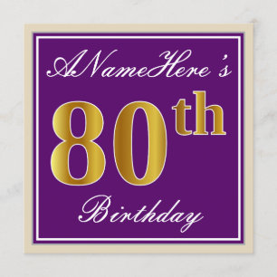 Invitation Elégant, pourpre, Faux Gold 80e anniversaire + Nom