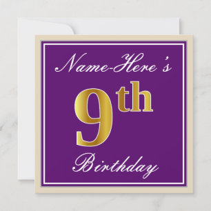 Invitation Elégant, pourpre, Faux Gold 9e anniversaire + Nom