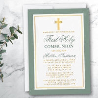 Élégant Première Sainte Communion Sage Vert Or