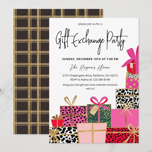 Invitation Elegant Presents Christmas Gift Exchange Party (Devant / Derrière)