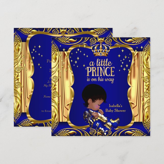 Invitation Élégant Prince Baby shower Blue Gold Ethnic (Devant / Derrière)