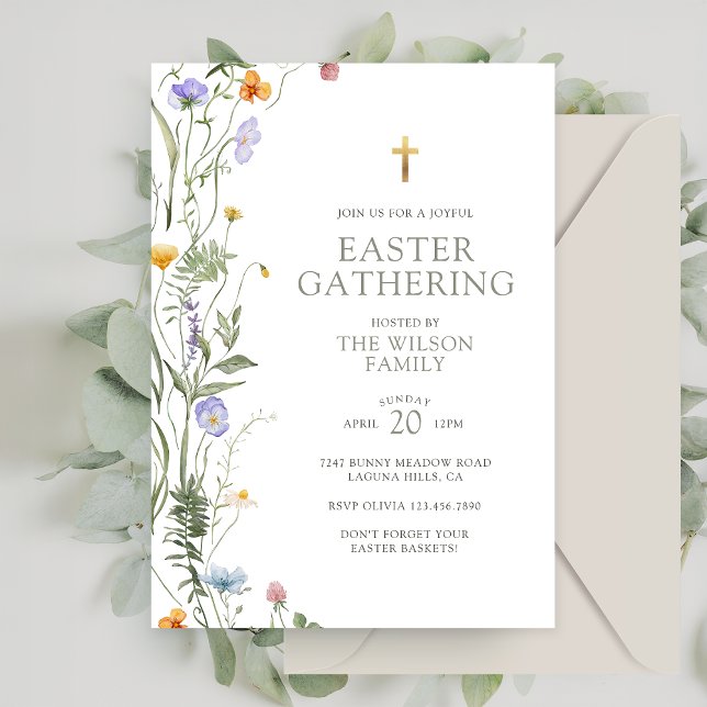 Invitation Elégant Printemps Florals Gold Cross Rassemblement (Créateur téléchargé)
