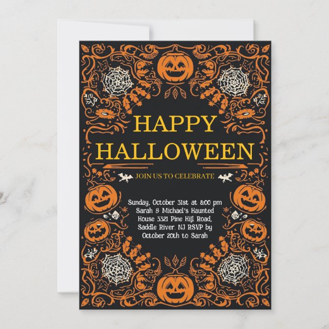 Invitation Elegant Pumpkin & Cobweb Halloween Costume Party  (Devant)