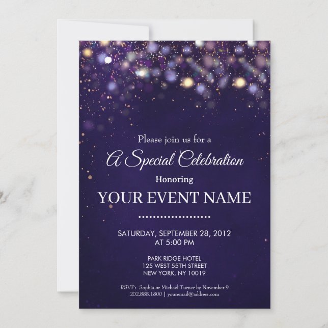 Invitation Elegant Purple and Gold Bokeh Lights Celebration (Devant)