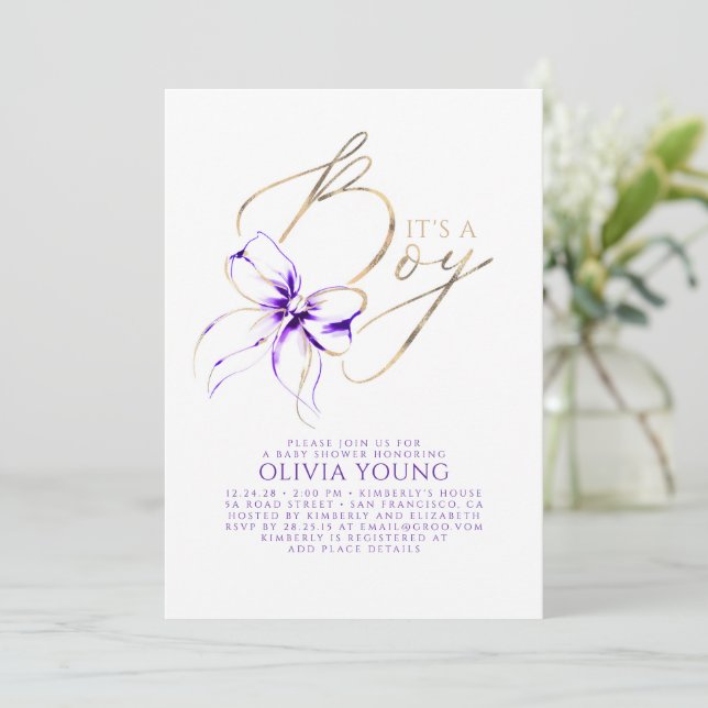 Invitation Elegant Purple and Gold Bow Boy Baby Shower (Debout devant)